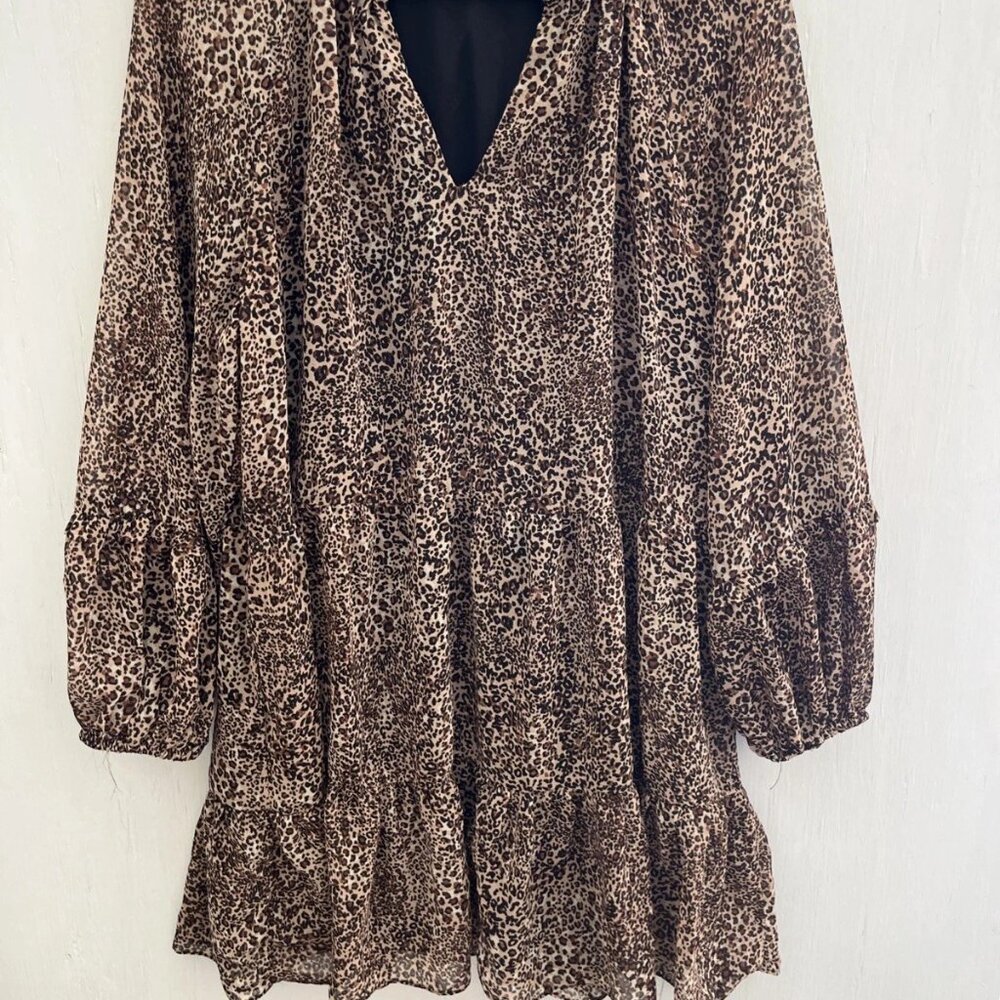1.STATE Animal Print Tiered Flowy Mini Dress Long Sleeves Size S
